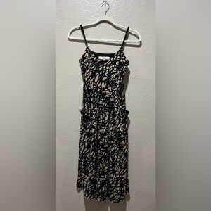 Loft Women’s Black and Cream Floral Sleeveless Midi Dress Elegant Sz XS Pockets